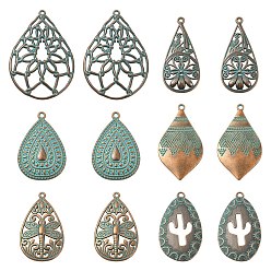Antique Bronze & Blue Patina 30Pcs 6 Styles Tibetan Styles Alloy Pendants, Teardrop Charms, Antique Bronze & Blue Patina, 34.5~47x18.5~33x1.5~3mm, Hole:1.4~1.9mm, 5pcs/style