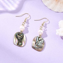 Настоящее золото 18K Серьги-подвески из натурального культивированного пресноводного жемчуга и бусин из раковин морского ушка/пауа., самородки, с 304 крючками для сережек из нержавеющей стали для женщин, реальный 18 k позолоченный, 50x15~16 мм