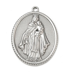 Color de Acero Inoxidable Religión 201 colgantes de acero inoxidable, Colgante ovalado con dijes de la Virgen María y el Niño Jesús., color acero inoxidable, 36x26x3 mm, agujero: 2.5 mm