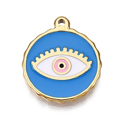 Светло-Синий Вакуумное покрытие pvd 201 эмалированные подвески из нержавеющей стали, реальный 18 k позолоченный, плоский круглый с оберегом от сглаза, голубой, 23.5x20x2.5 мм, отверстие : 1.2 мм