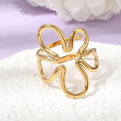 Настоящее золото 18K 304 открытые кольца-манжеты из нержавеющей стали для женщин, цветок, ионное покрытие (ip), реальный 18 k позолоченный, 26 мм, внутренний диаметр: 18 мм