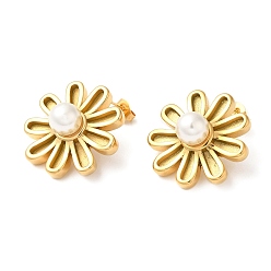 Real 18K Gold Plated Plastic Pearl Beaded Flower Stud Earrings, Ion Plating(IP) 304 Stainless Steel Jewelry, Real 18K Gold Plated, 25x25mm