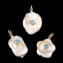 Golden Natural Baroque Keshi Pearl Pendants, Mixed Shapes Charms with Brass Micro Pave Cubic Zirconia Findings, Floral White, Golden, 19~22.5x13~16.5x7.5~9mm, Hole: 3.5mm