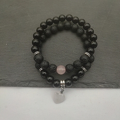 Розовый Кварц Браслеты с подвесками в виде сердца из натурального розового кварца, натуральный лавовый камень бусины эластичный браслет комплект ювелирных изделий для женщин