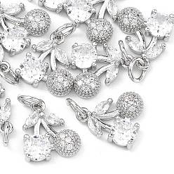 Платинированный Латунные микропаве прозрачные подвески с фианитом, без кадмия, без никеля и без свинца, черри прелести, Реальная платина, 12.5x11.5x4 мм, Перейти кольцо: 5x1 мм, внутренний диаметр: 3 мм