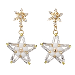 Прозрачный Стеклянные серьги-гвоздики со звездами, с фурнитурой для сережек-гвоздиков из латуни с кубическим цирконием, золотые, прозрачные, 45x25 мм