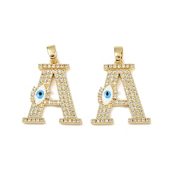 Настоящее золото 18K Латунные микро проложить кубического циркония подвески, буква а с дурным глазом, с эмалью, без свинца и без кадмия, долговечный, стойки покрытие, реальный 18 k позолоченный, 25.5x22x3 мм, отверстие : 5.5x3 мм