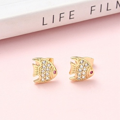 Золотой Серьги-гвоздики из латуни с микропаве из прозрачных кубических цирконий в форме рыб, стойки покрытие, без кадмия и без свинца, золотые, 9.5x9 мм