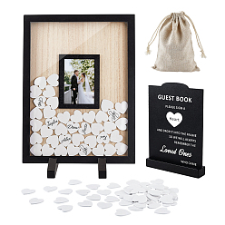 Черный Прямоугольная деревянная книга для свадебных пожеланий, с подставкой для рамы, чипсы в форме сердечек и тканевые мешочки, удостоверение личности, чёрные, 146x300x400 mm и 30.5x150x210 mm