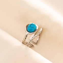 Синтетическая Бирюза Регулируемые 304 манжеты из нержавеющей стали с открытыми кольцами для женщин, с синтетическими бирюзовый, цвет нержавеющей стали, 15 мм, внутренний диаметр: 17 мм