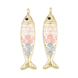 Colorful Brass Enamel Pendants, Fish Charms, Rack Plating, Long-Lasting Plated, Lead Free & Cadmium Free, Real 18K Gold Plated, Colorful, 41x11x6mm, Hole: 3.3mm