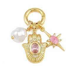 Hamsa Hand Подвеска-украшение из латуни с розовыми кубическими циркониями в европейском стиле., Подвески с большими отверстиями, реальный 14 k позолоченный, с пластиковой жемчужины, рука хамса и звезда, 35 мм, отверстие : 9 мм, Кулон : 14.5x10x9 мм