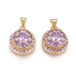 Medium Purple Brass Micro Pave Cubic Zirconia Pendants, Long-Lasting Plated, Flat Round with Flower, Flower Able Rotate, Golden, Medium Purple, 17.5x14.5x8mm, Hole: 4x3.5mm
