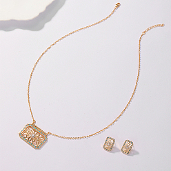 Настоящее золото 18K Наборы ювелирных украшений из латуни с микропаве и цирконием для женщин, прямоугольные серьги-гвоздики и ожерелья с подвесками, реальный 18 k позолоченный, ожерелья: около 20.47 дюйма (52 см), серьги: 19x11 mm