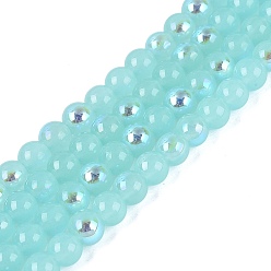 Бирюза Гальванические стекляныне бусины, имитация нефрита, круглые, с покрытием цвета радуги, с половиным покрытием, бирюзовые, 6~6.5 мм, отверстие : 0.8~1 мм, около 67~72 шт / нитка, 14.57~15.35 дюйм (37~39 см)