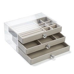 Silver Rectangle Velvet & Wood Jewelry Boxes, 3 Layers with Plastic Cover, Portable Jewelry Storage Case, for Ring Earrings Necklace, Silver, 15.5x10.5x23.2cm