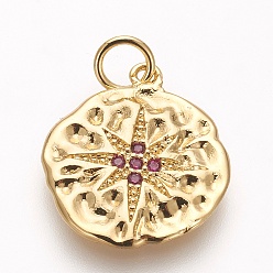 Золотой Латунные микро проложить кубического циркония подвески, без свинца, без кадмии и без никеля, плоские круглые со звездой, средне фиолетовый красный, золотые, 17x15x1.5 мм, отверстие : 3 мм