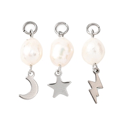 Нержавеющая Сталь Цвет 3 шт. 3 стили натуральный культивированный пресноводный жемчуг рис с 304 подвесками из нержавеющей стали в виде луны, звезд и молний, разнообразные, цветочный белый, цвет нержавеющей стали, 24.5~27x7.5~8x6~7 мм, отверстие : 3.5 мм, 1 шт / стиль