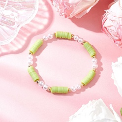 Желто-Зеленый Бусины из полимерной глины ручной работы с бусинами из АБС-пластика, имитирующими жемчуг, и латунными бусинами-разделителями, а также браслеты из корейской эластичной хрустальной нити, желто-зеленый, внутренний диаметр: 2-1/4 дюйм (5.7 см)