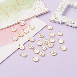 White Initial Letter A~Z Alphabet Enamel Charms, Flat Round Disc Double Sided Charms, Golden Plated Enamelled Sequins Alloy Charms, White, 14x12x2mm, Hole: 1.5mm, 26pcs/set
