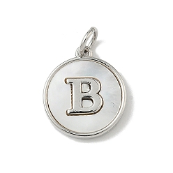 Letter B Латунный паве натуральный ракушка плоский круглый с буквенными подвесками, платина, долговечный, без свинца и без кадмия, стойки покрытие, цвет морской раковины, В письме, 15x13x2 мм, отверстие : 3 мм