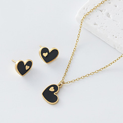 Black 304 Stainless Steel Enamel Heart Pendant Necklace & Stud Earrings Set for Women, Golden, Black, 450mm