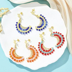 Mixed Color Moon Handmade Glass Seed Beads Dangle Stud Earrings, with 316 Stainless Steel Pins, Golden, Mixed Color, 47x32mm, 3pair/set