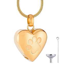 Золотой 1 Кулон-урна в форме сердца с отпечатком лапы из нержавеющей стали для хранения праха., с 304 мини-воронкой из нержавеющей стали и штифтами для глаз, золотые, 21.65 дюйм (55 см)
