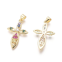 Colorful Golden Plated Brass Pendants, with Cubic Zirconia, Cross, Colorful, 27x17x3mm, Hole: 3x3.5mm