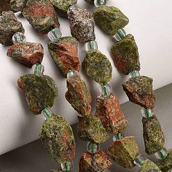 Unakite Natural Unakite Beads Strands, Raw Rough, Nuggets, with Seed Beads, 8~19x7~10x6~8mm, Hole: 1mm, about 28~30pcs/strand, 15.16''(38.5cm)~15.94''(40.5cm)
