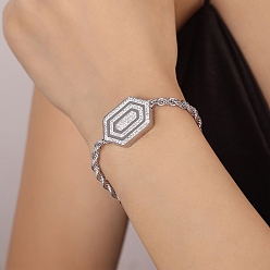 Stainless Steel Color Cubic Zirconia Hexagon Link Bracelet, with 304 Stainless Steel Chains, Stainless Steel Color, 7 inch(17.7cm)