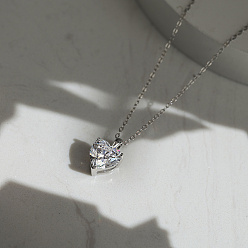 Real Platinum Plated 925 Sterling Silver Pave Clear Cubic Zirconia Heart Pendant Necklaces, Rhodium Plated, Real Platinum Plated, 17.99 inch(45.7cm)