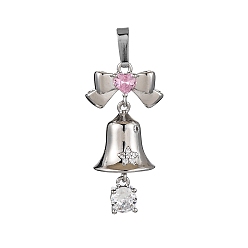 Платина Покрытие стойки латунь с подвесками из фианита, долговечный, без свинца и без кадмия, колокол прелести, платина, 27x14.5x11.5 мм, отверстие : 5.5x3.5 мм