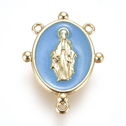 Небесно-голубой Звенья компонентов люстры из позолоченной латуни, с эмалью, овальные с рисунками " virgin mary", голубой, 17.5x13x2 мм, отверстие : 0.8 мм