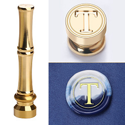 Letter T Golden Tone Brass Wax Seal Stamp Head with Bamboo Stick Shaped Handle, for Greeting Card Making, Letter T, 74.5x15mm