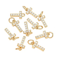 Letter T Colgantes Shegrace de latón con microengaste de circonitas cúbicas transparentes, sin níquel, real 18 k chapado en oro, Dijes de la letra t, 12x6.5x2.5 mm, anillo de salto: 5x1 mm, diámetro interior: 3 mm