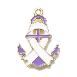 Лиловый Подвески из эмали и сплава, золотые, якорь с лентой осведомленности, сирень, 27x18x1 мм, отверстие : 1.6 мм