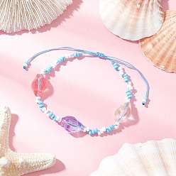 Светло-Голубой Регулируемые браслеты из нейлонового шнура с плетеными бусинами, браслеты из стеклянных бусин-ракушек для женщин, со стеклянными бисеринами, Небесно-голубой, внутренний диаметр: 1-7/8~3-3/8 дюйм (4.8~8.6 см)