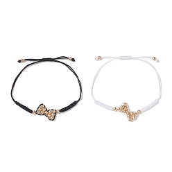 Mixed Color Brass & Nylon Thread Braided Bead Bracelets for Women, Bowknot, Mixed Color, Inner Diameter: 2-3/4 inch(7cm), 2pcs/set