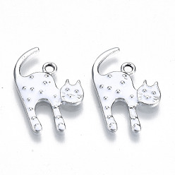 Белый Экологически чистые подвески из цинкового сплава, с эмалью, без кадмия, без никеля и без свинца, форма кошки, платина, белые, 22~23x14~15x2~3 мм, отверстие : 1.8 мм