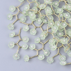 Light Green Acrylic Big Pendants, with Clear Glass Beads, Glass Seed Beads and Golden Plated Brass Wires, Flower, Light Green, 55~60x30~35mm, Hole: 2mm