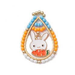 Оранжевый Пасхальная тематика стеклянные бусины каплевидной формы с подвесками в виде кроликов, Подвески из эмали и сплава, с золотыми 201 соединительными кольцами из нержавеющей стали, оранжевые, 31x21x2 мм, отверстие : 1.8 мм