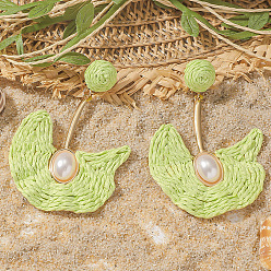 Желто-Зеленый Серьги-гвоздики из сплава рафии с подвесками, с пластиковой имитационной жемчужиной, золотые, желто-зеленый, 75x50 мм