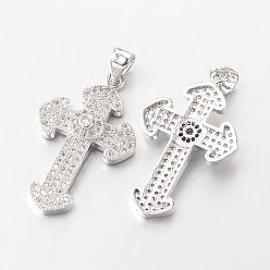 Платина Латинский крест из латуни микро проложить Цирконом подвески, без свинца и без никеля , платина, 28x17x4 мм, отверстие : 4x3 мм