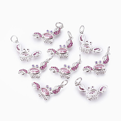 Платина Латунные микро проложить кубического циркония подвески, краб, красно-фиолетовые, платина, 22x8x2 мм, отверстие : 3~3.5 мм