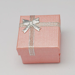 Pink Cardboard Jewelry Set Boxes with Bowknot and Sponge Inside, for Rings and Pendants, Square, Pink, 50x50x37mm