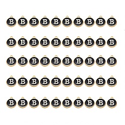 Letter B Golden Plated Alloy Enamel Charms, Enamelled Sequins, Flat Round, Black, Letter.B, 14x12x2mm, Hole: 1.5mm, 50pcs/Box