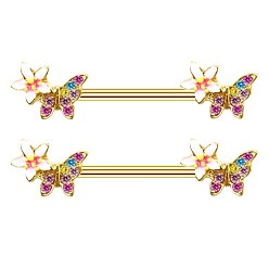 Бабочка 316l хирургические кольца для сосков из нержавеющей стали с микропрорезью из кубического циркония, золотые, бабочка, 16 мм, штифты : 1.6 мм