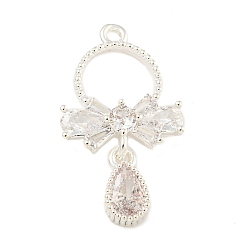 Серебро Покрытие стойки латунь микропаве прозрачные подвески из кубического циркония, долговечный, без свинца и без кадмия, бантик со слезинкой, серебряные, 25x14x3 мм, отверстие : 1.2 мм