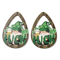 Green Saint Patrick's Day Single Face Printed Wood Big Pendants, Teardrop Charms with Gnome, Green, 54x38x2.5mm, Hole: 1.5mm